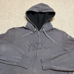Harley-Davidson Hoodie Sweatshirt Womens XL Gray Full Zip Script Logo Fleece Y2K